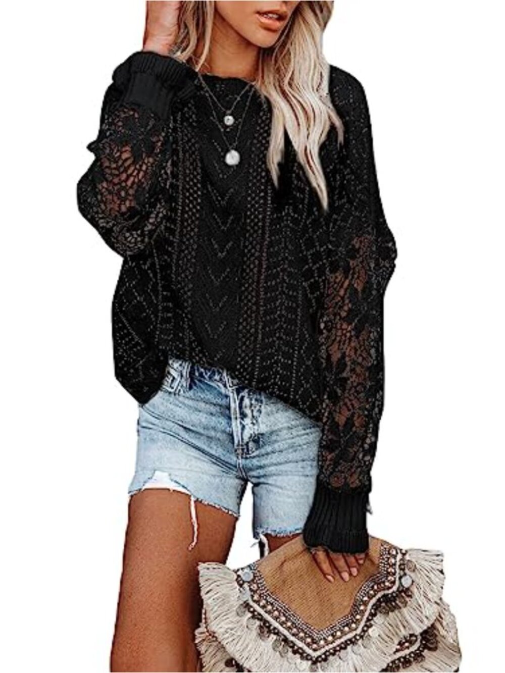 Women's Crochet Floral Lace Sleeve Knitted Pullover Sweater